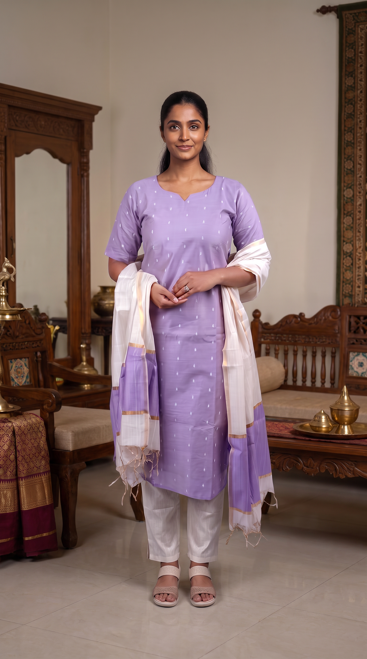 Lavender Straight Kurta Set with Ivory Dupatta