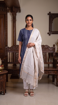 Navy Blue Textured Straight Kurta with Ivory Dupatta
