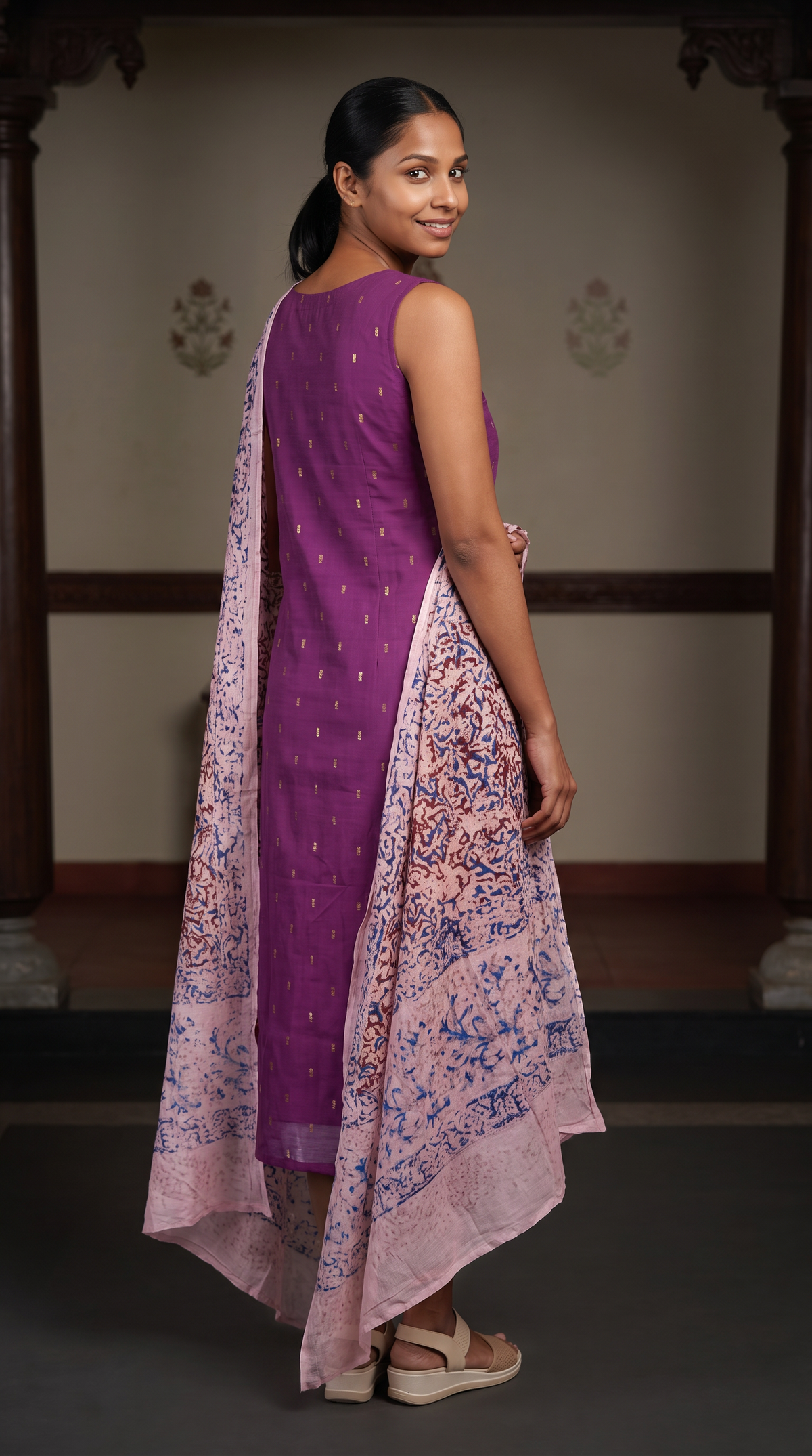 Purple Gold Motif Straight Kurta with Printed Dupatta