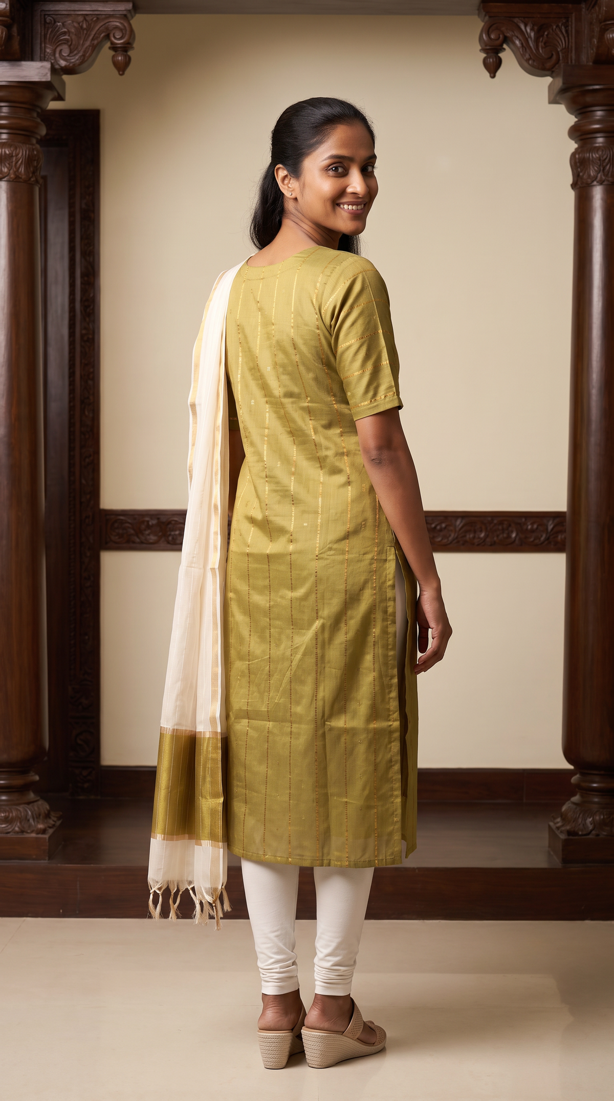 Olive Green Gold Stripe Straight Kurta with Ivory Dupatta