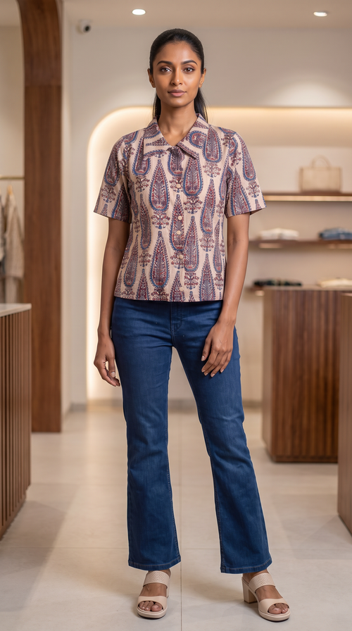 Beige Paisley Printed Collared Top