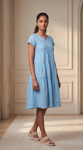 Sky Blue Gingham Tiered Casual Dress