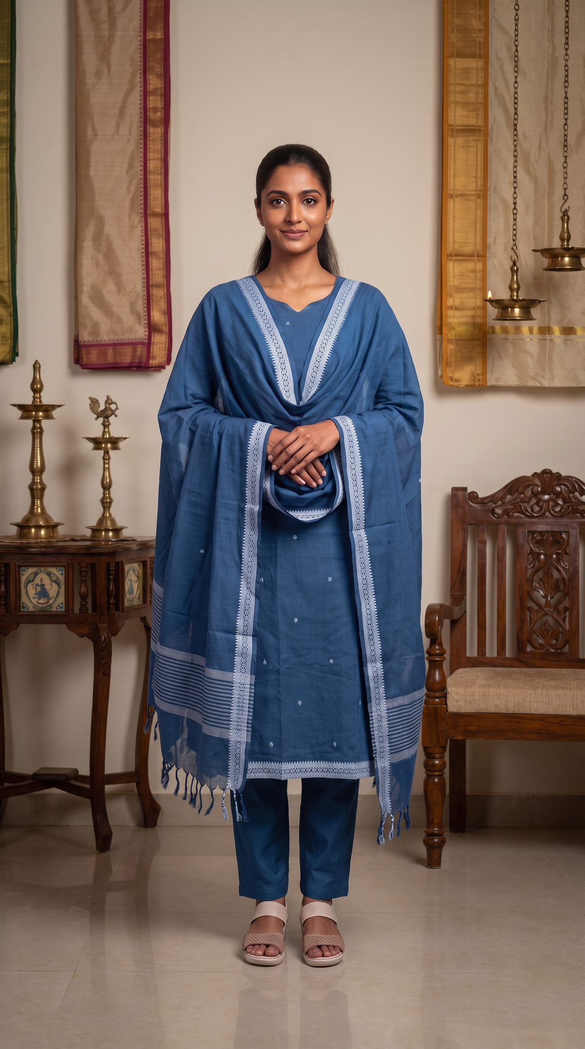 Slate Blue Embroidered Straight Kurta Set with Dupatta