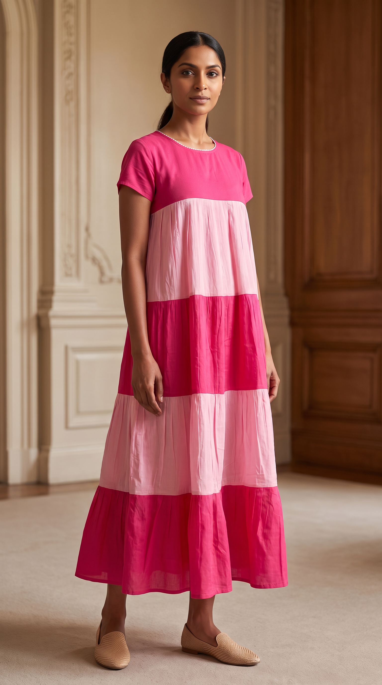 Pink Colour Block Tiered Maxi Dress