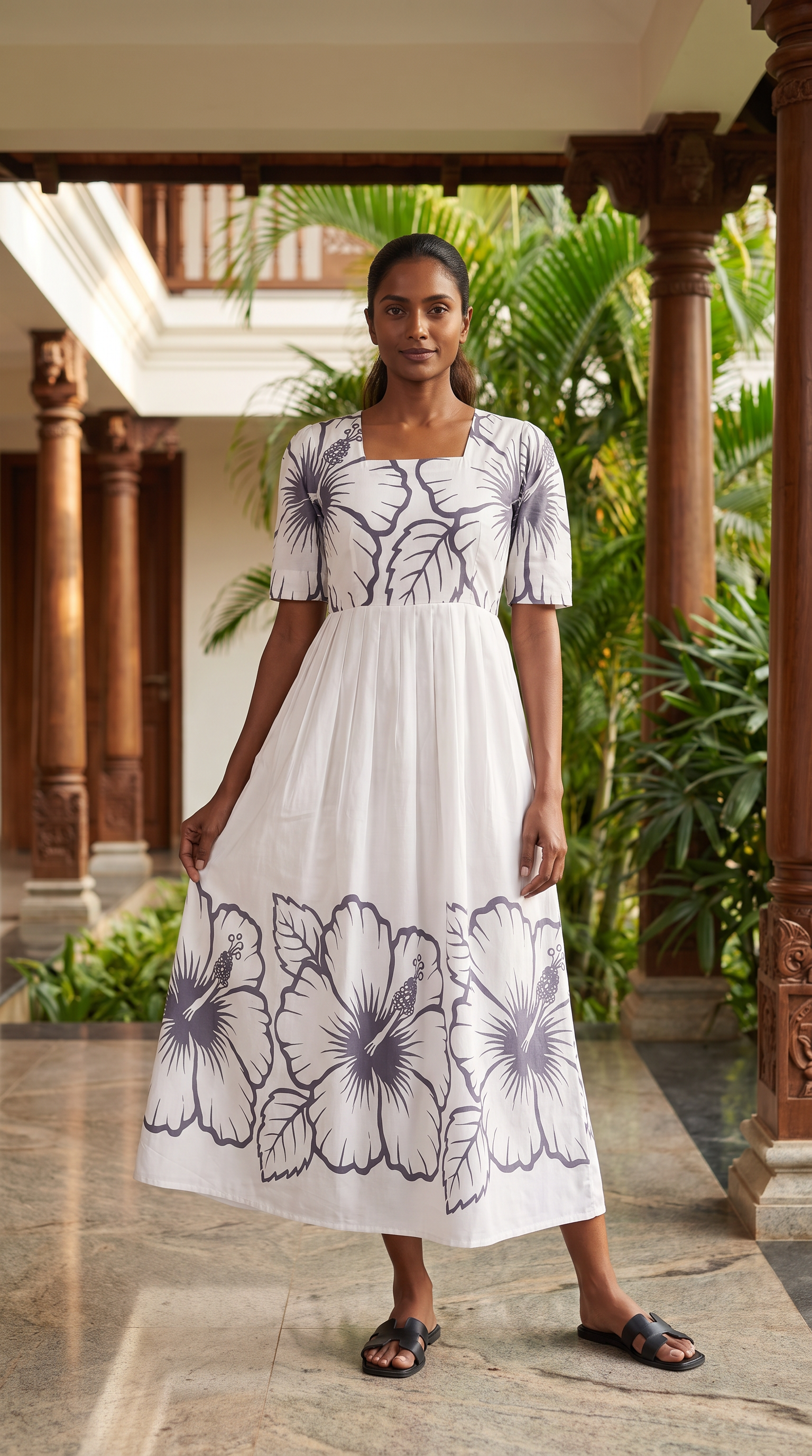 White &amp; Charcoal Floral Print Maxi Dress