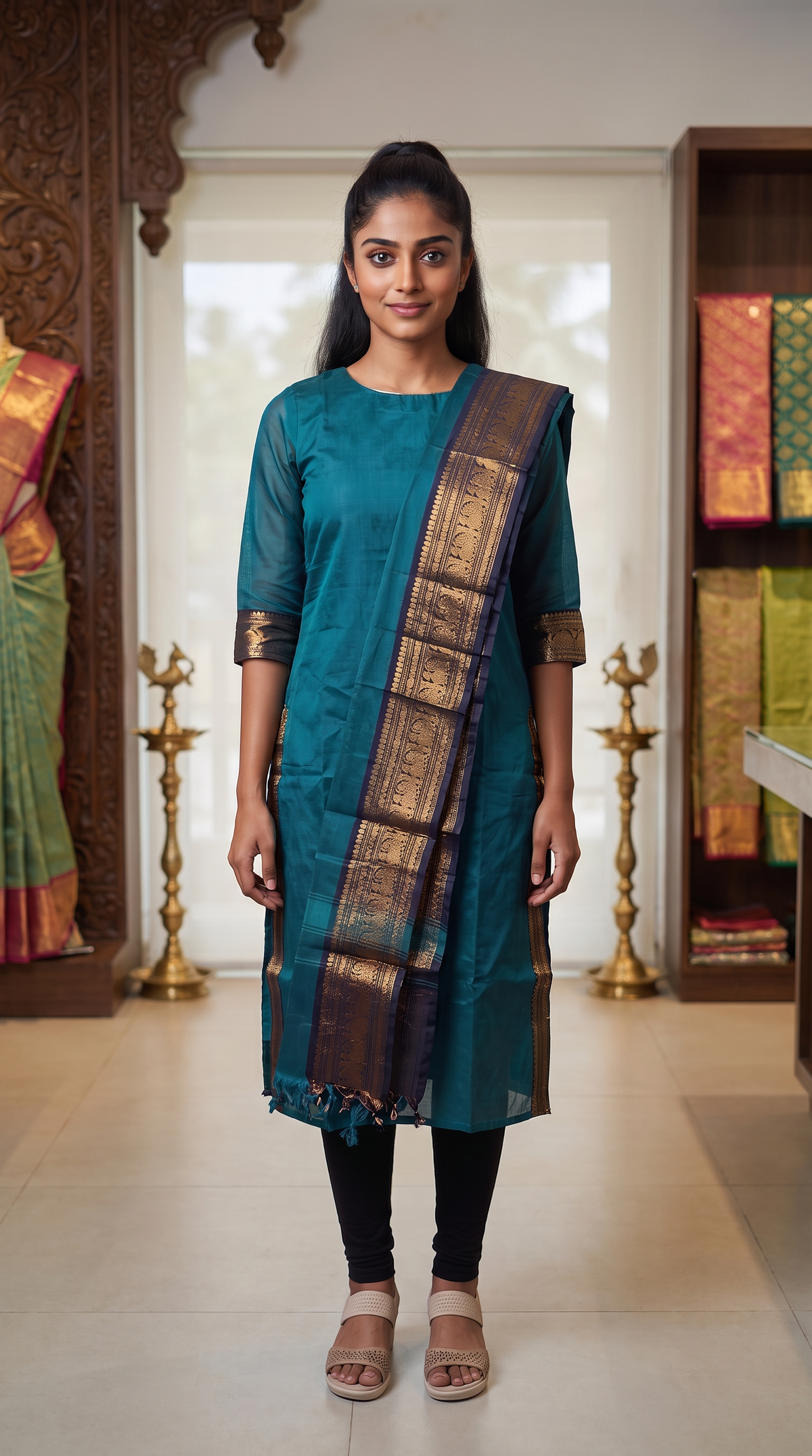Teal Blue Straight Kurta with Gold Border Dupatta