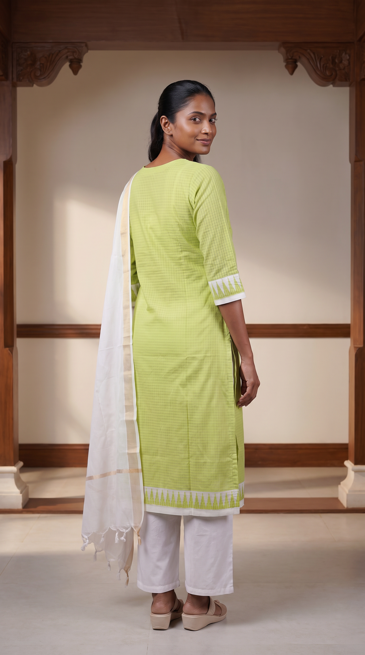 Lime Green Straight Kurta Set with Ivory Dupatta