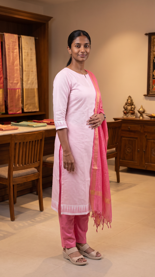 Blush Pink Check Straight Kurta Set with Pink Dupatta