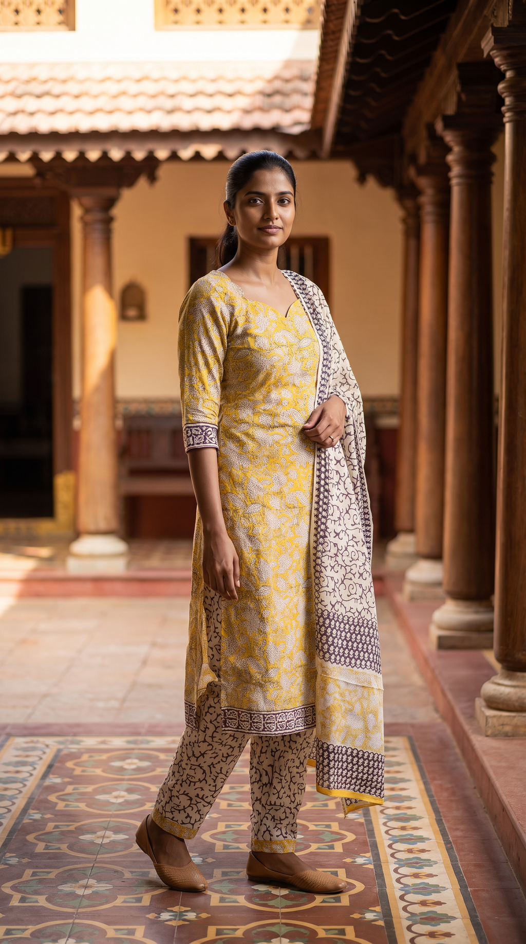 Mustard Yellow Floral Print Kurta Set with Printed Dupatta