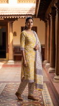 Mustard Yellow Floral Print Kurta Set with Printed Dupatta