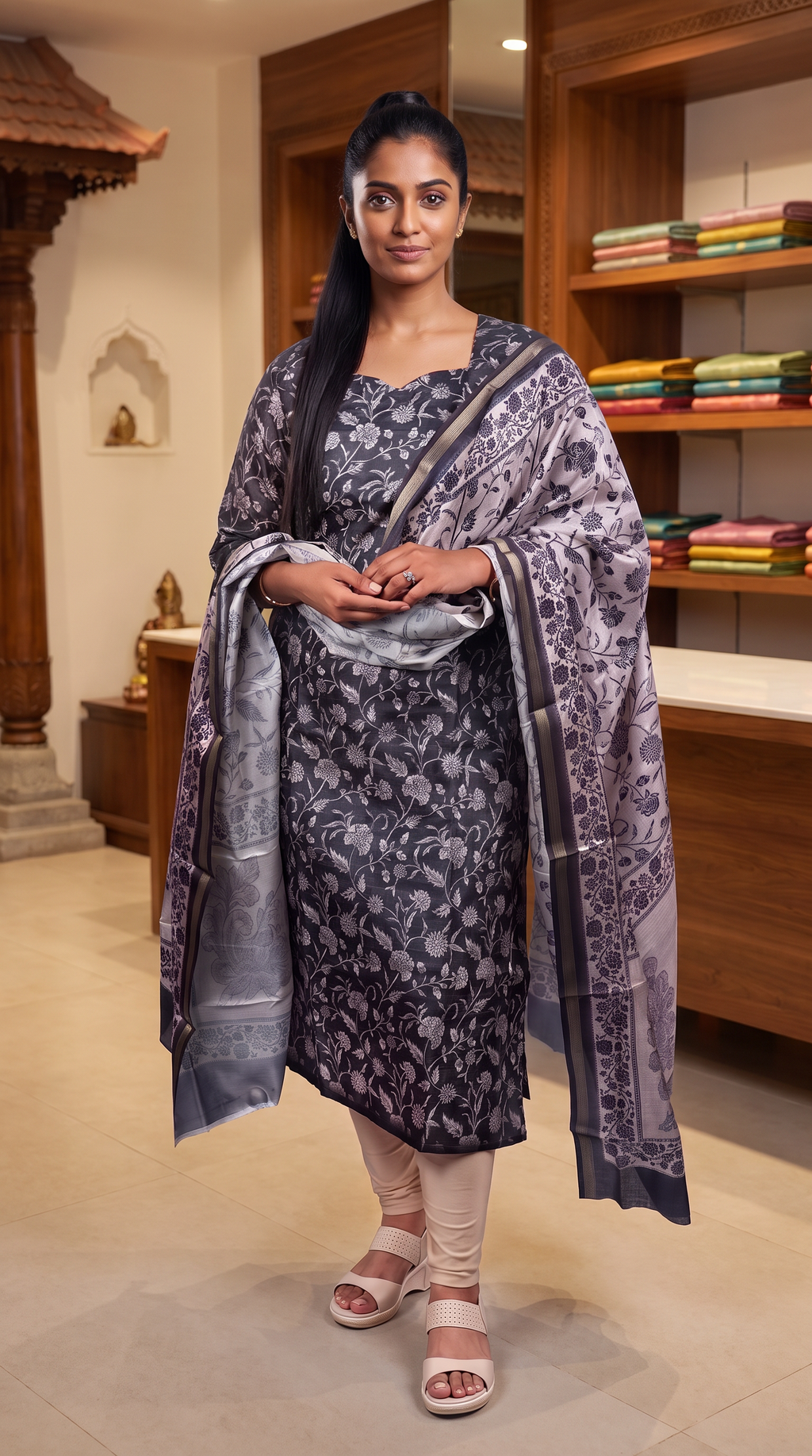 Charcoal Grey Floral Print Straight Kurta with Printed Dupatta