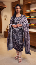 Charcoal Grey Floral Print Straight Kurta with Printed Dupatta