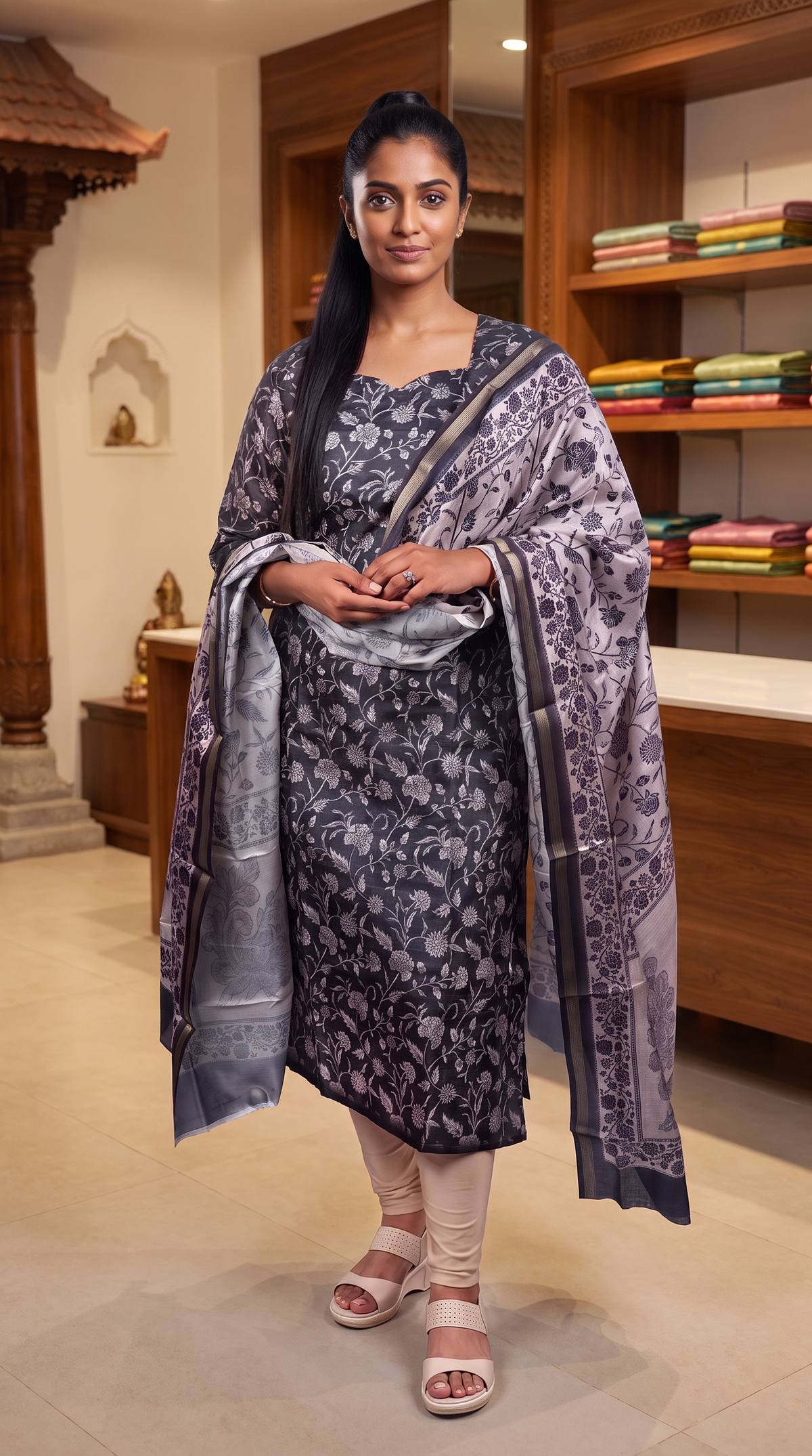Charcoal Grey Floral Print Straight Kurta with Printed Dupatta