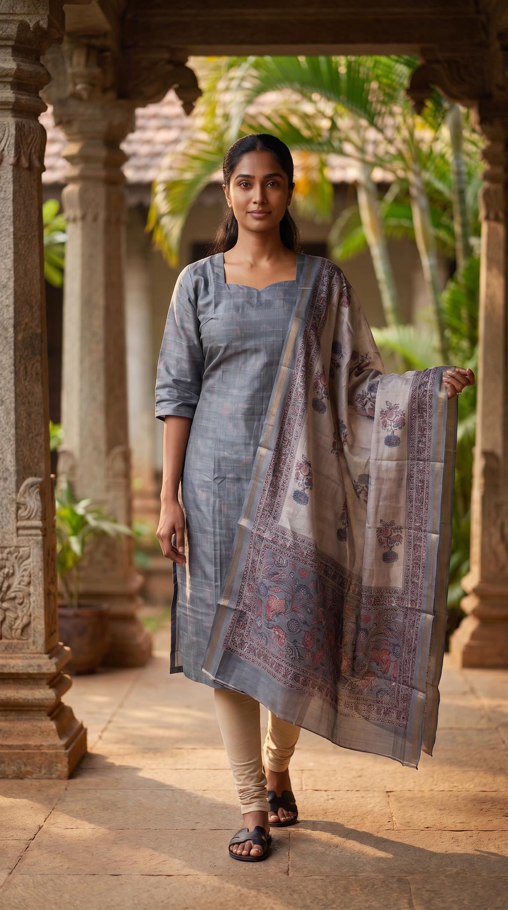 Slate Grey Straight Kurta with Printed Dupatta