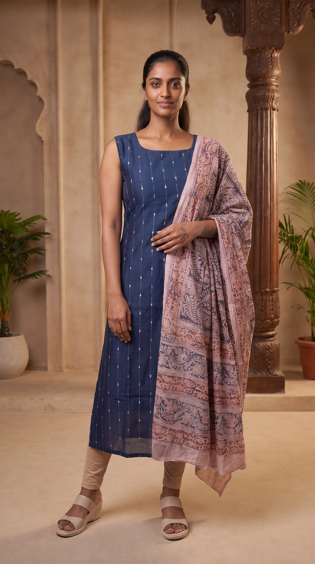 Navy Blue Straight Kurta with Printed Dupatta