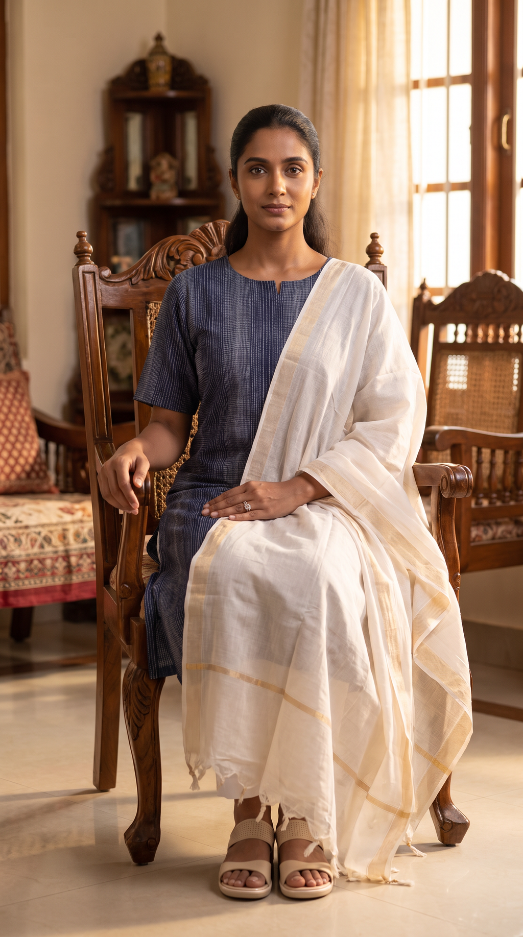Navy Blue Textured Straight Kurta with Ivory Dupatta