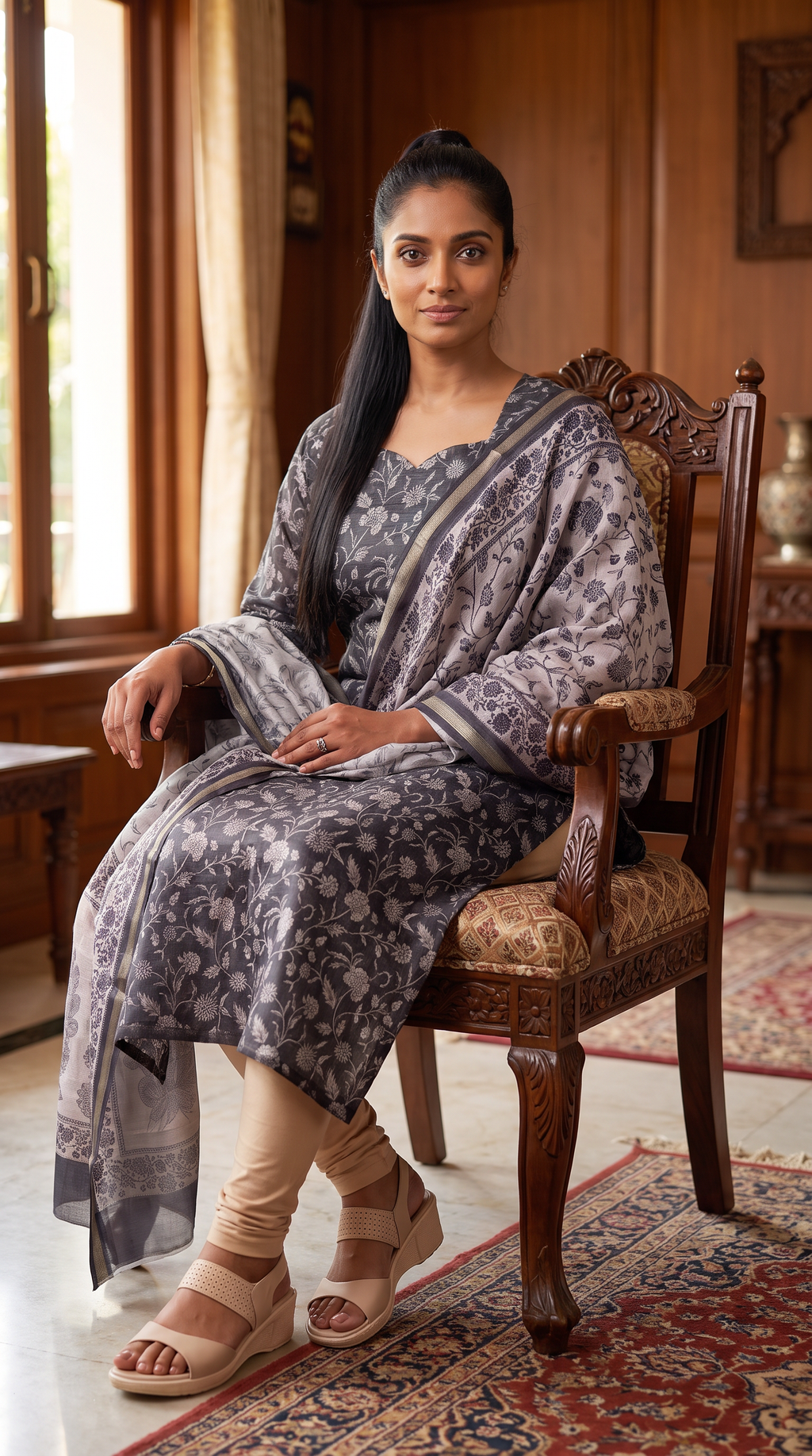 Charcoal Grey Floral Print Straight Kurta with Printed Dupatta