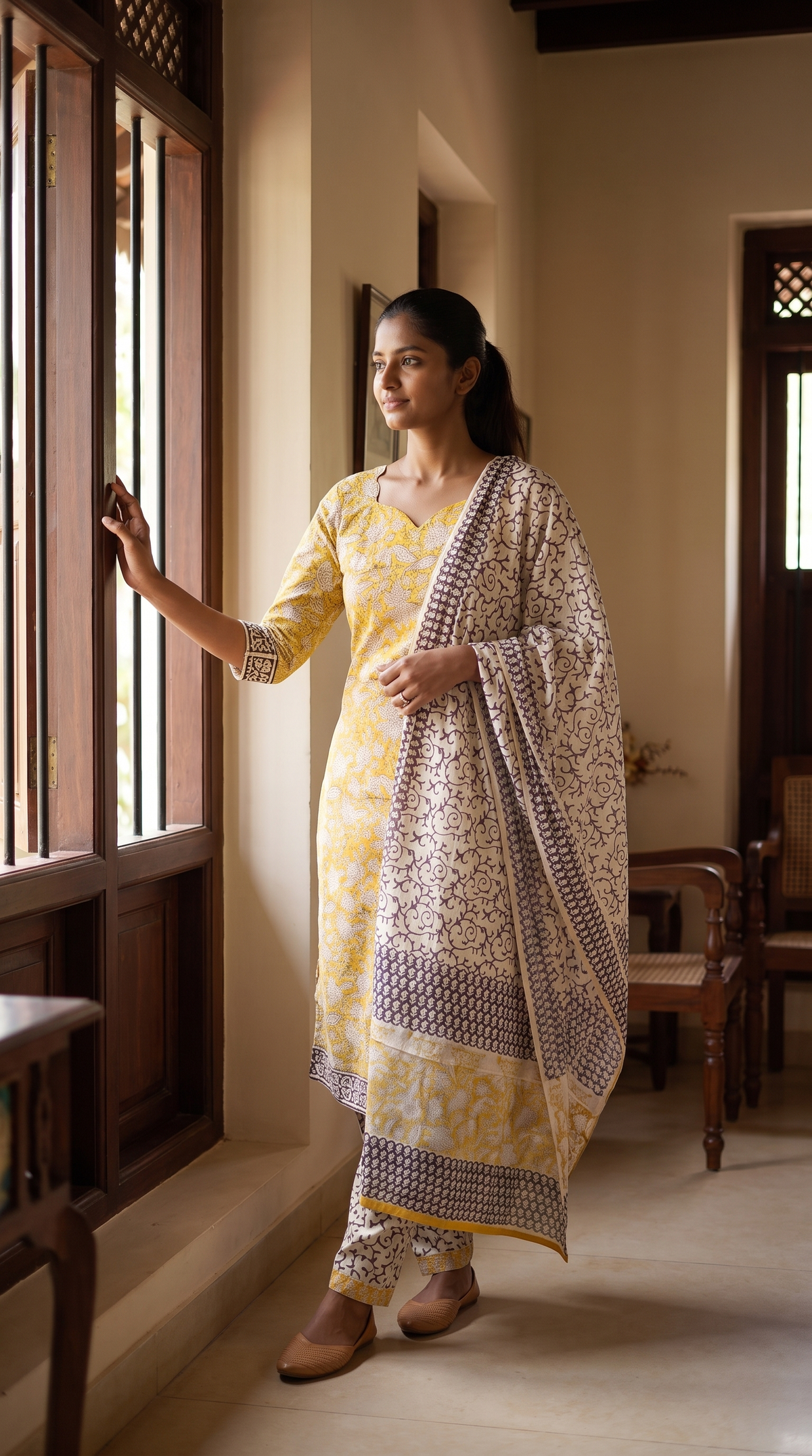 Mustard Yellow Floral Print Kurta Set with Printed Dupatta