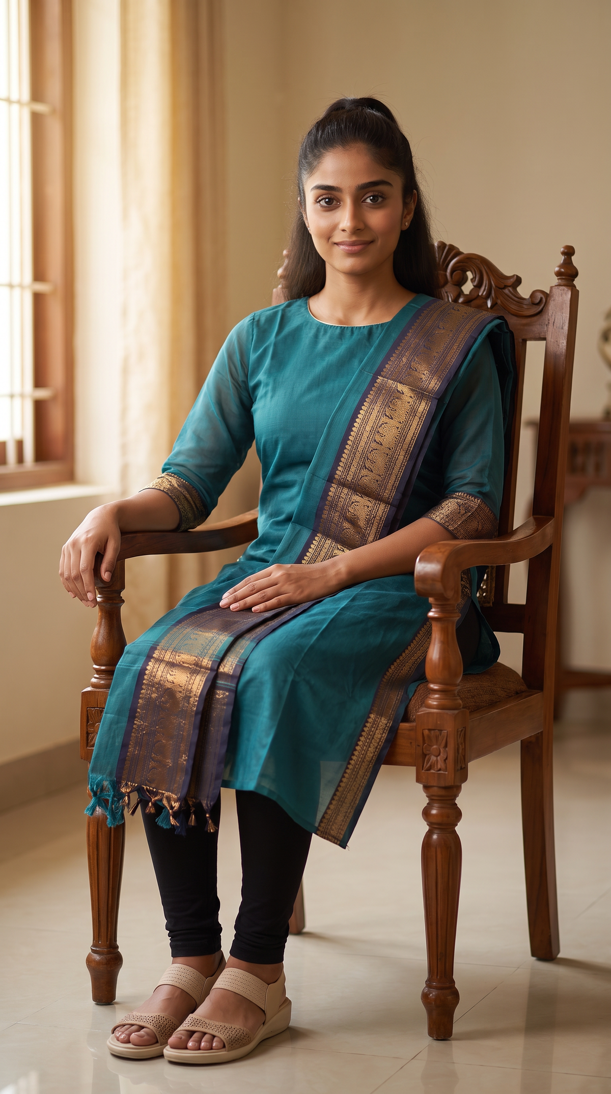 Teal Blue Straight Kurta with Gold Border Dupatta