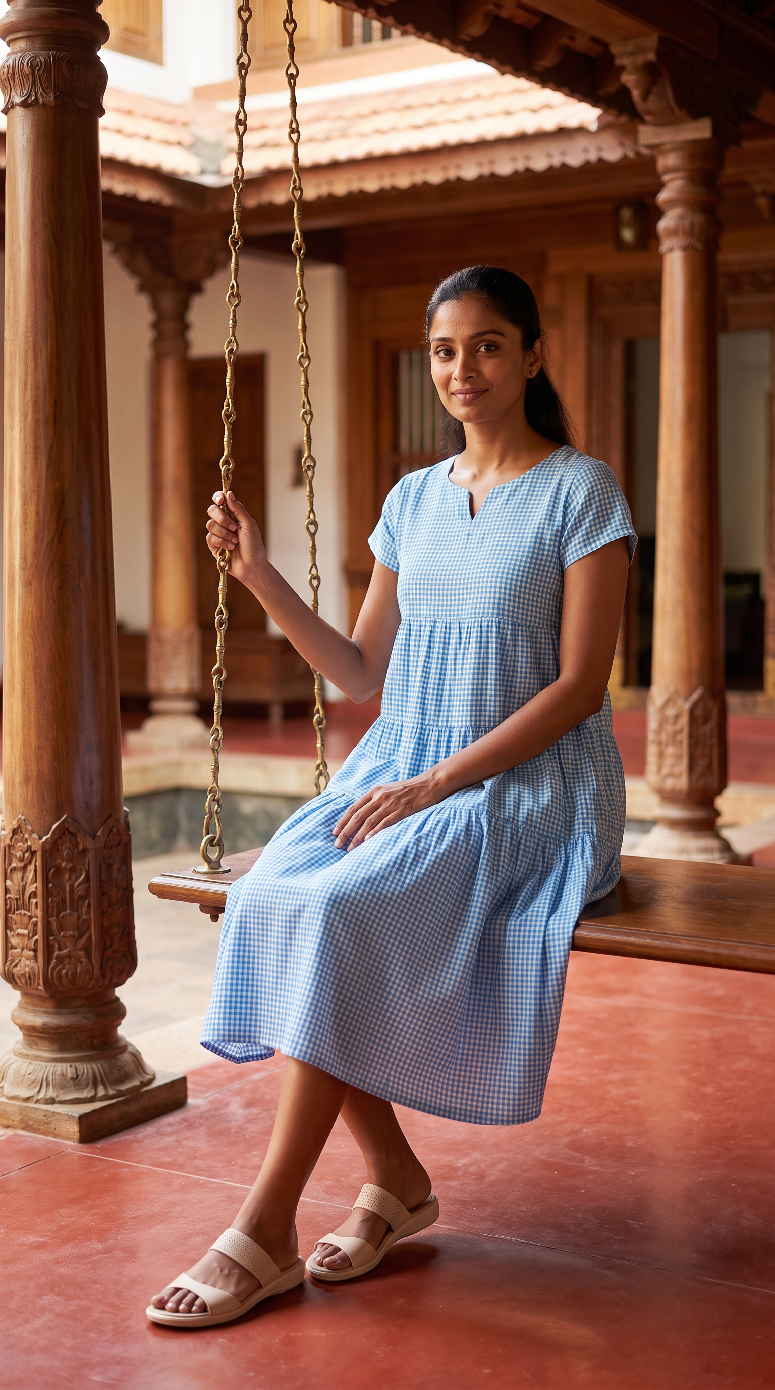 Sky Blue Gingham Tiered Casual Dress