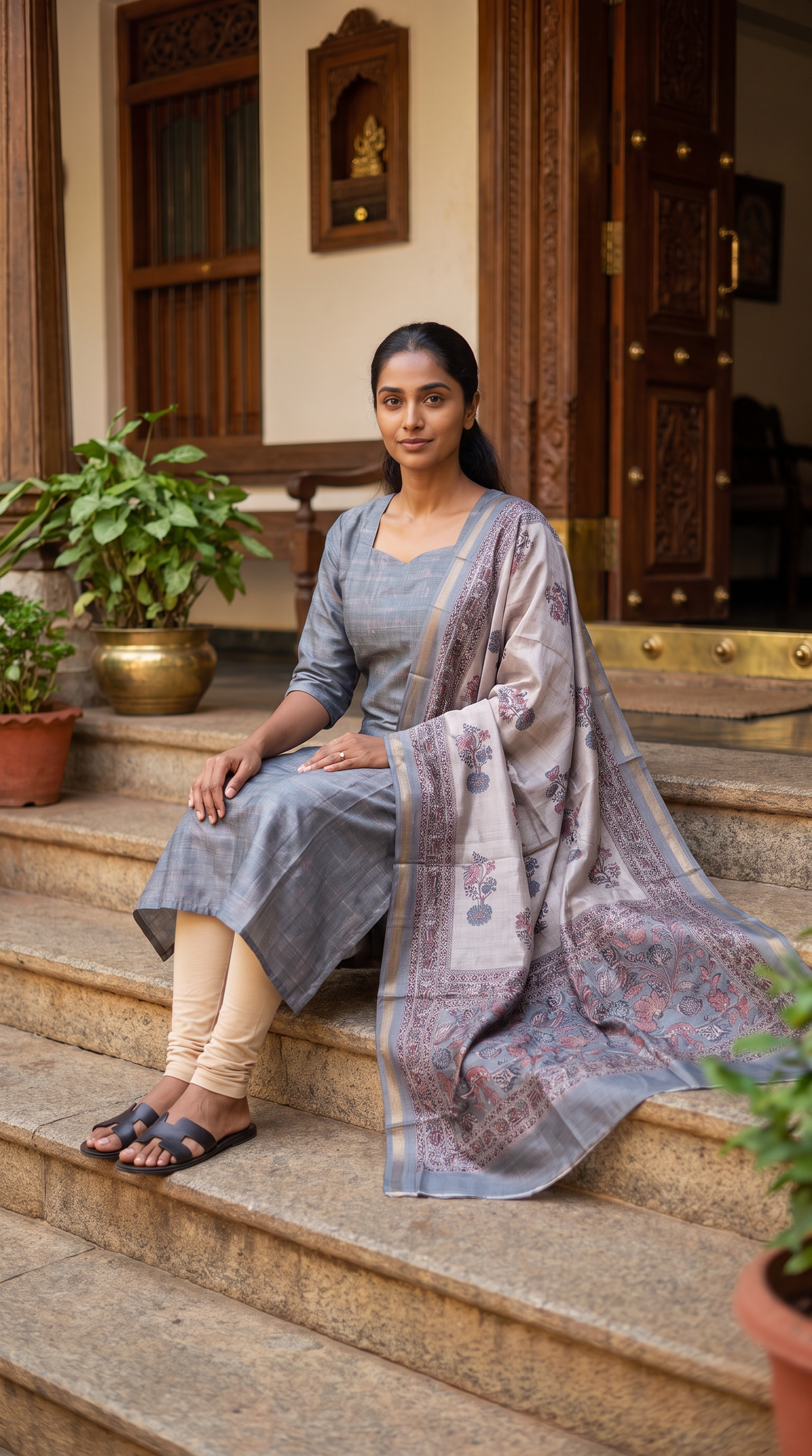 Slate Grey Straight Kurta with Printed Dupatta