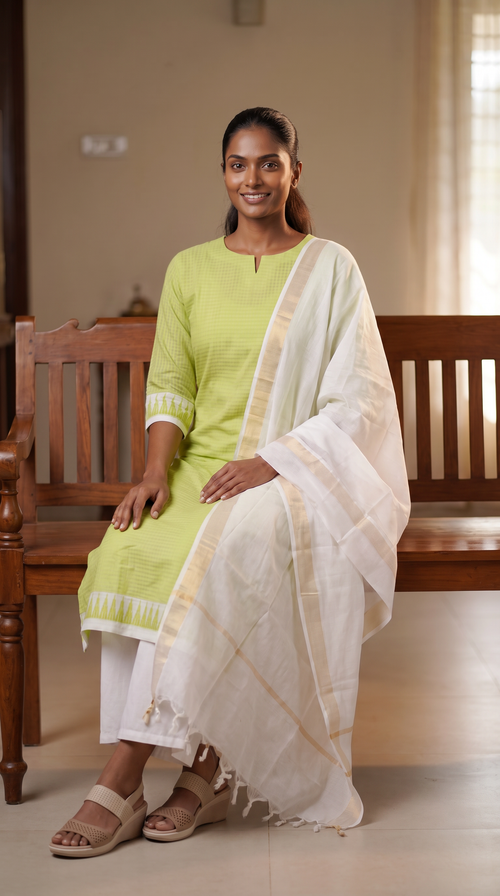 Lime Green Straight Kurta Set with Ivory Dupatta