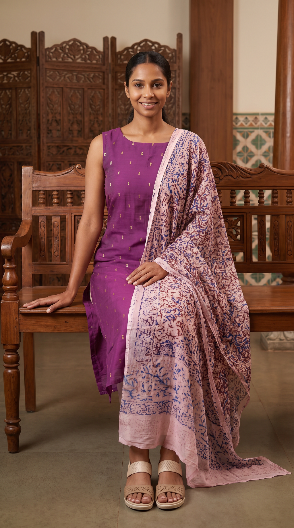 Purple Gold Motif Straight Kurta with Printed Dupatta