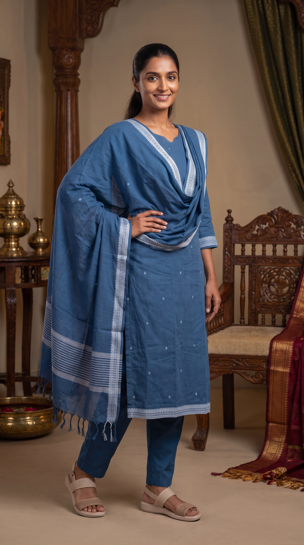 Slate Blue Embroidered Straight Kurta Set with Dupatta