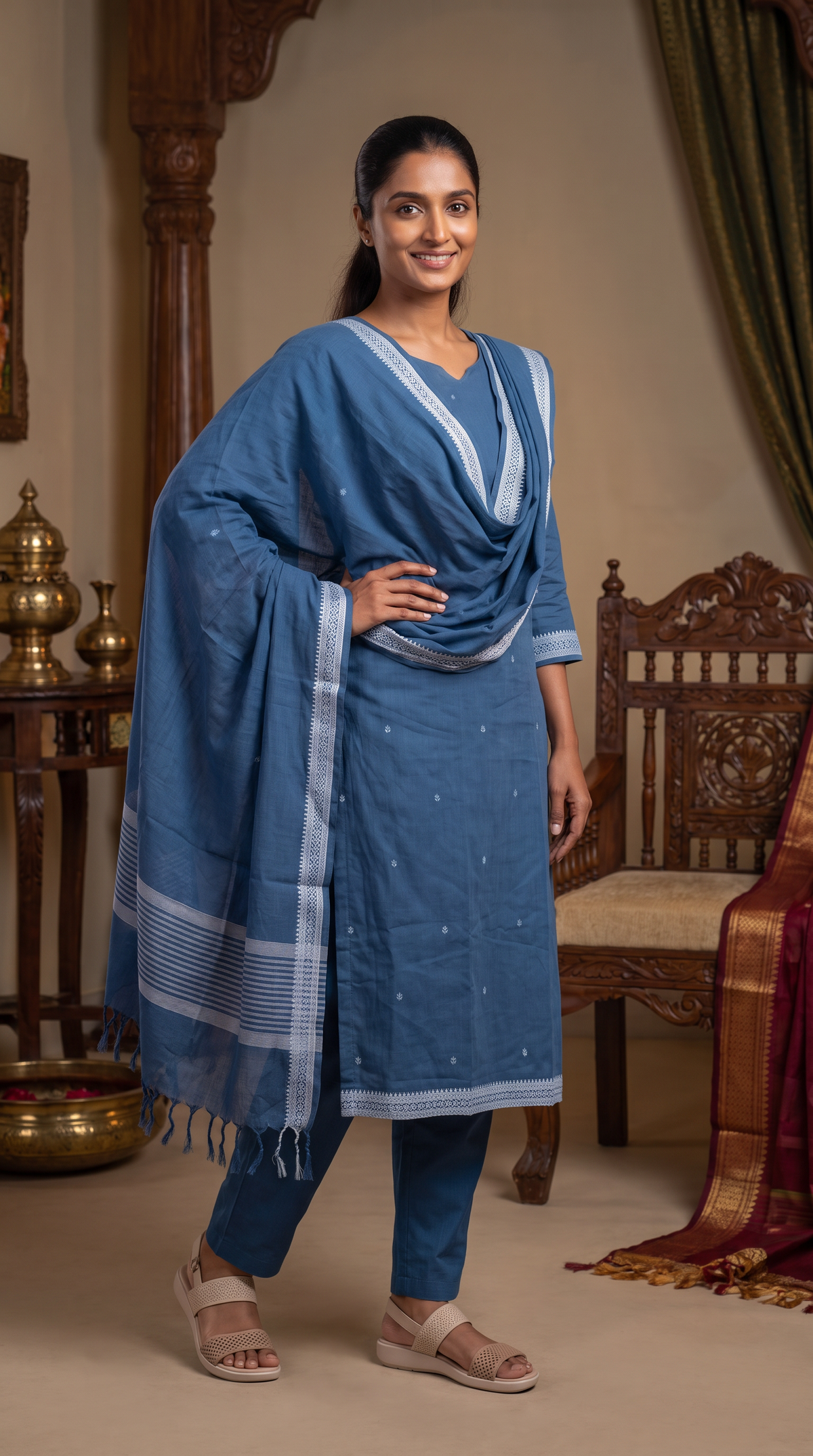 Slate Blue Embroidered Straight Kurta Set with Dupatta