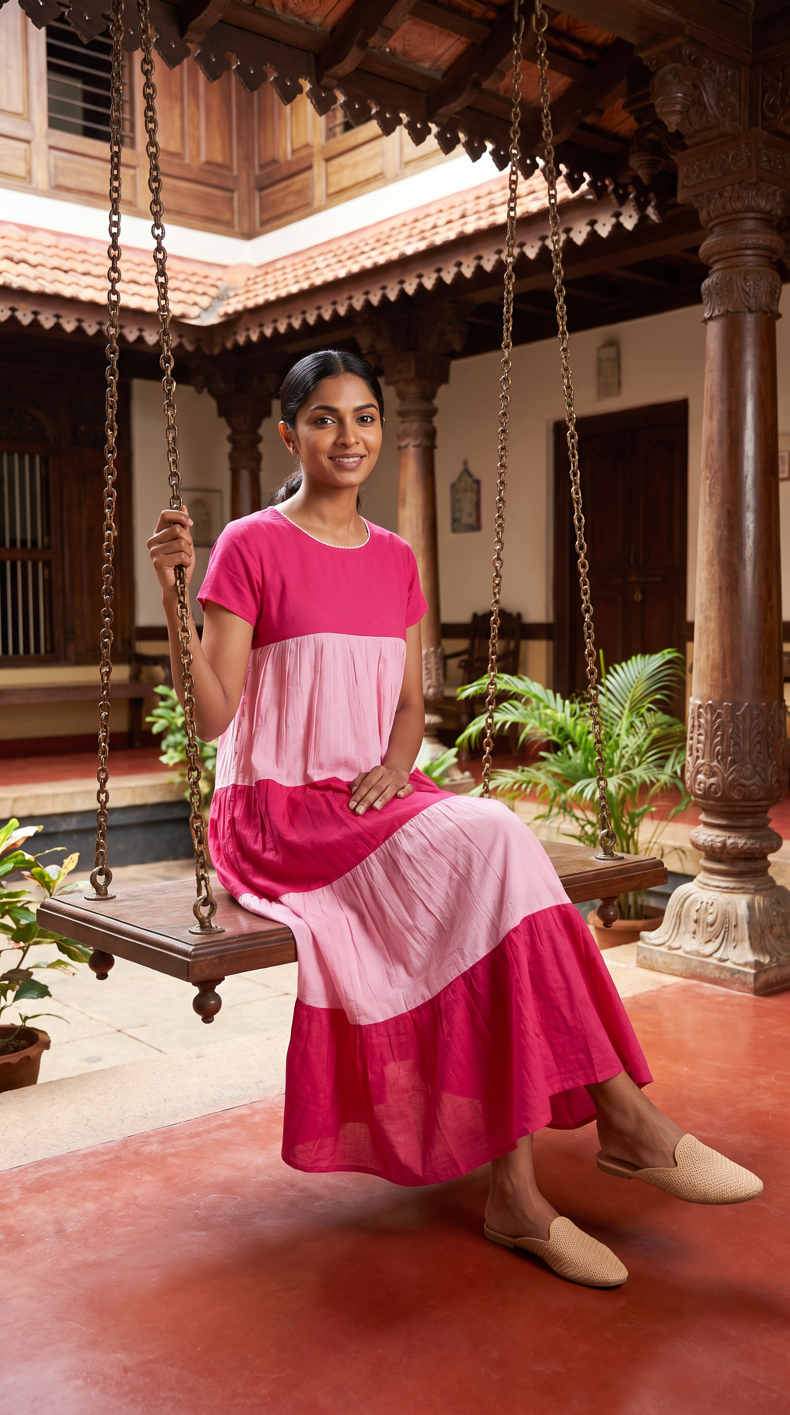 Pink Colour Block Tiered Maxi Dress