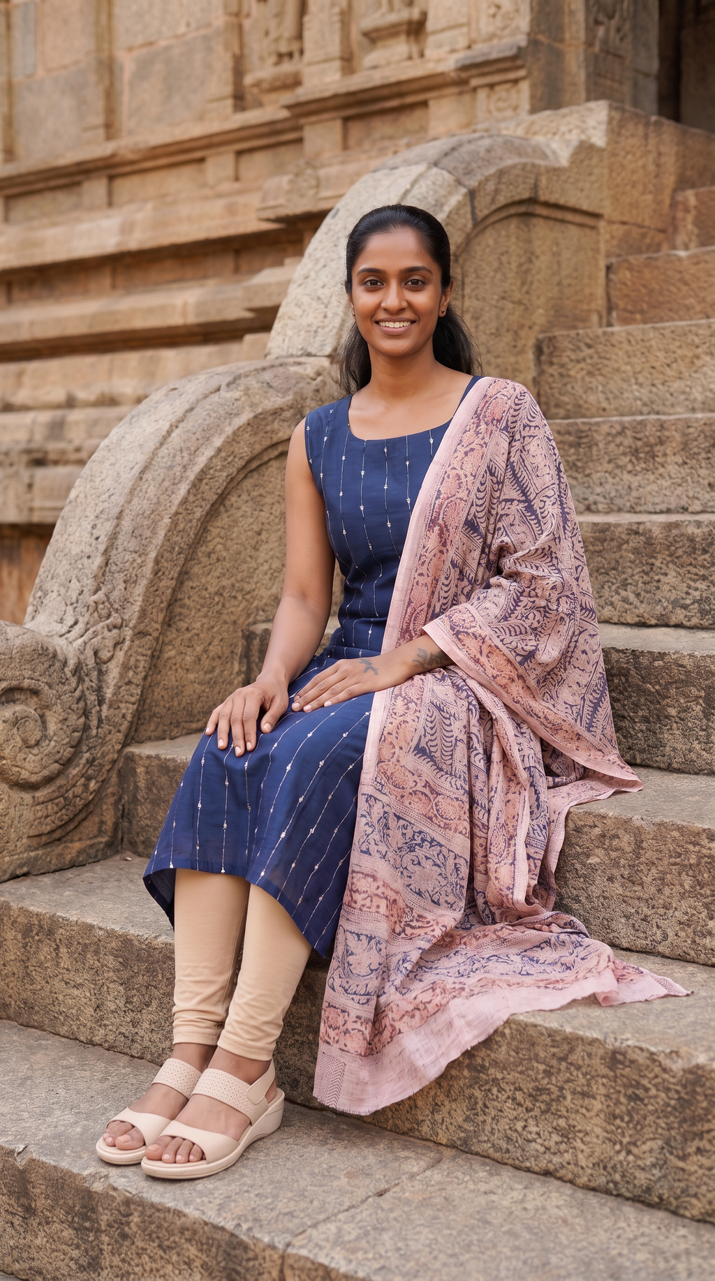 Navy Blue Straight Kurta with Printed Dupatta
