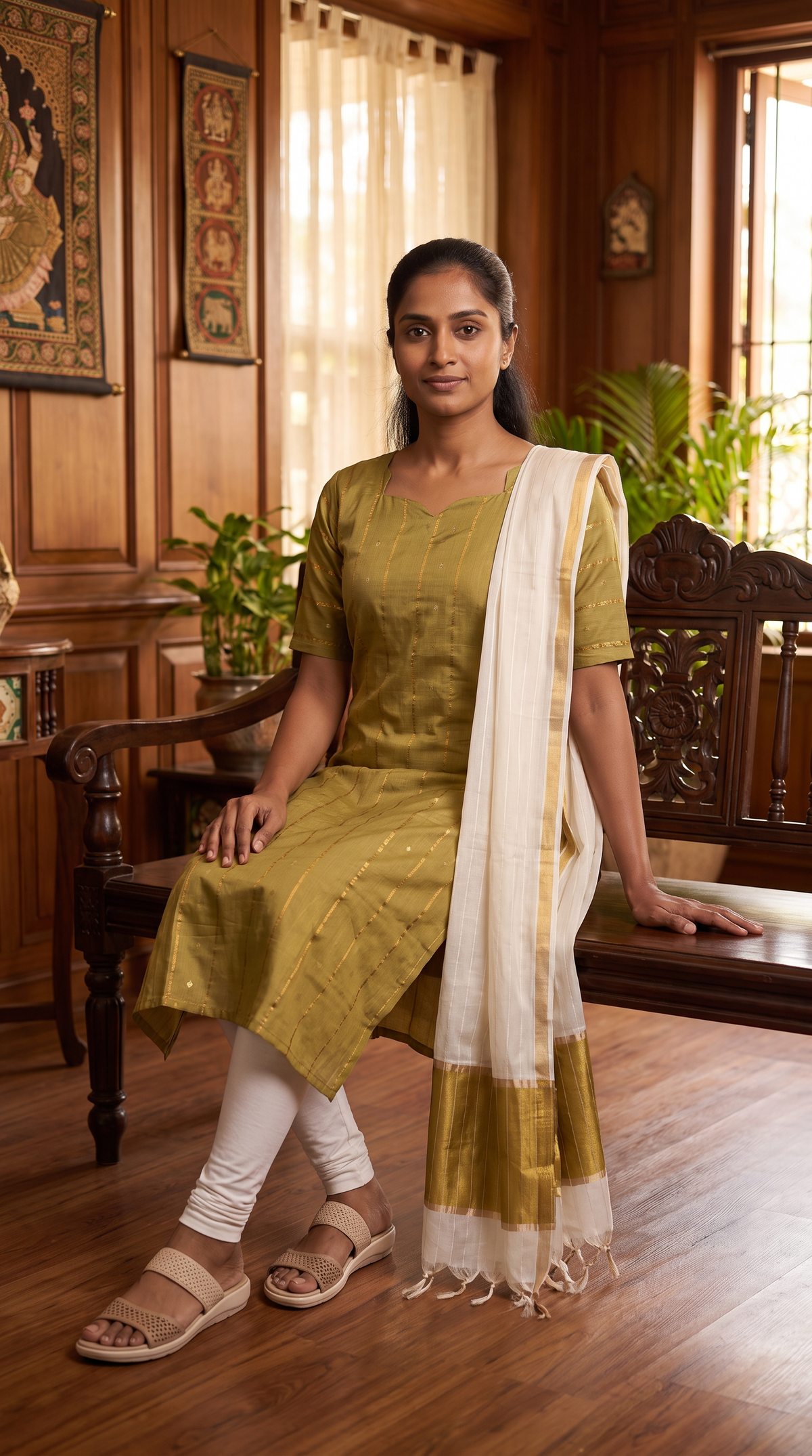 Olive Green Gold Stripe Straight Kurta with Ivory Dupatta