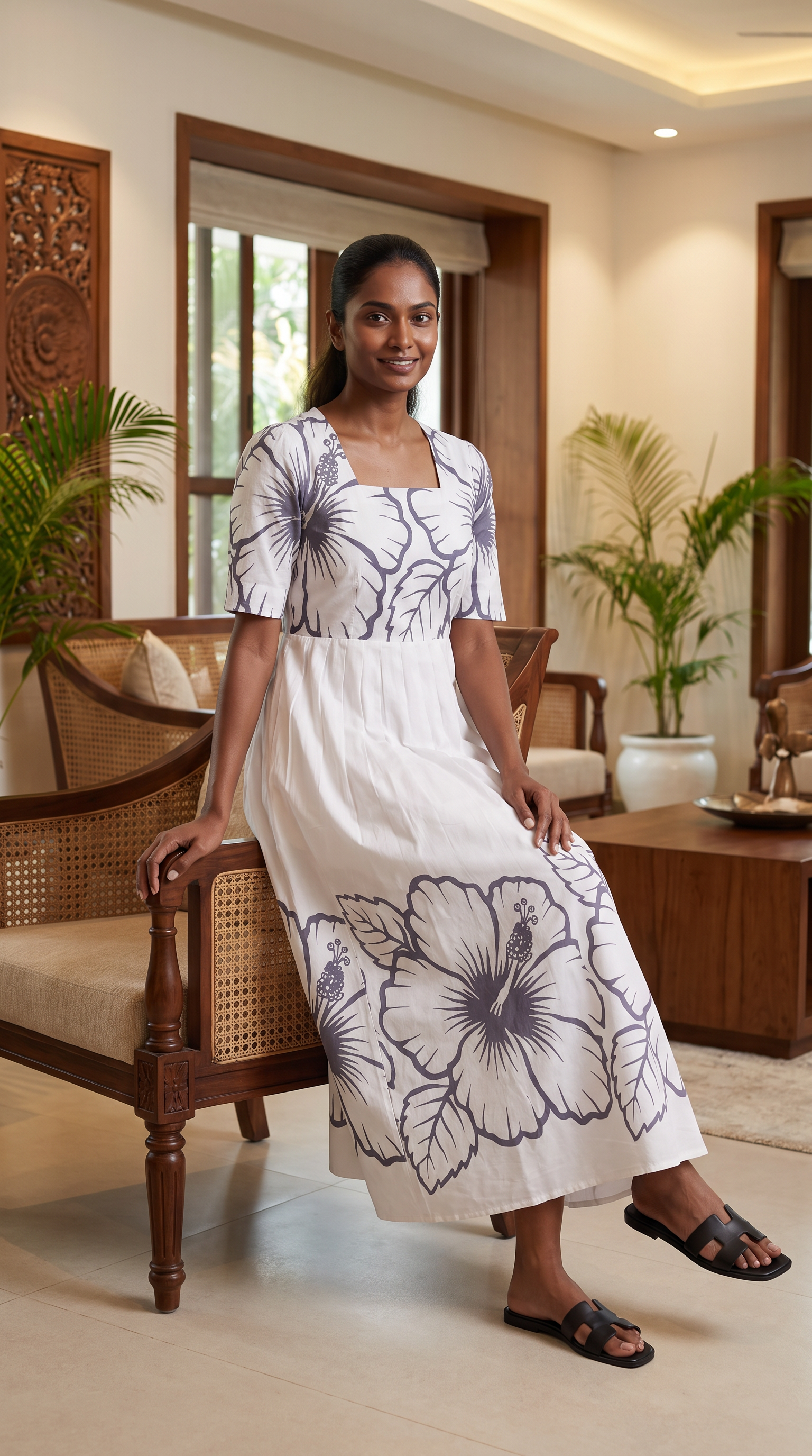 White &amp; Charcoal Floral Print Maxi Dress