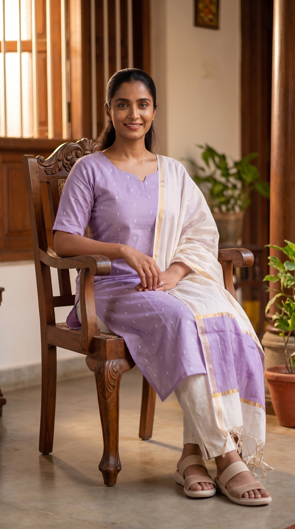 Lavender Straight Kurta Set with Ivory Dupatta