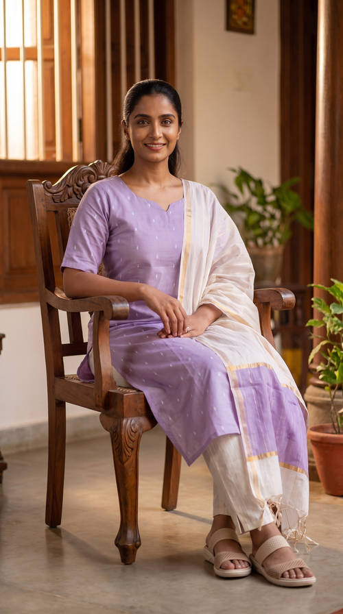 Lavender Straight Kurta Set with Ivory Dupatta