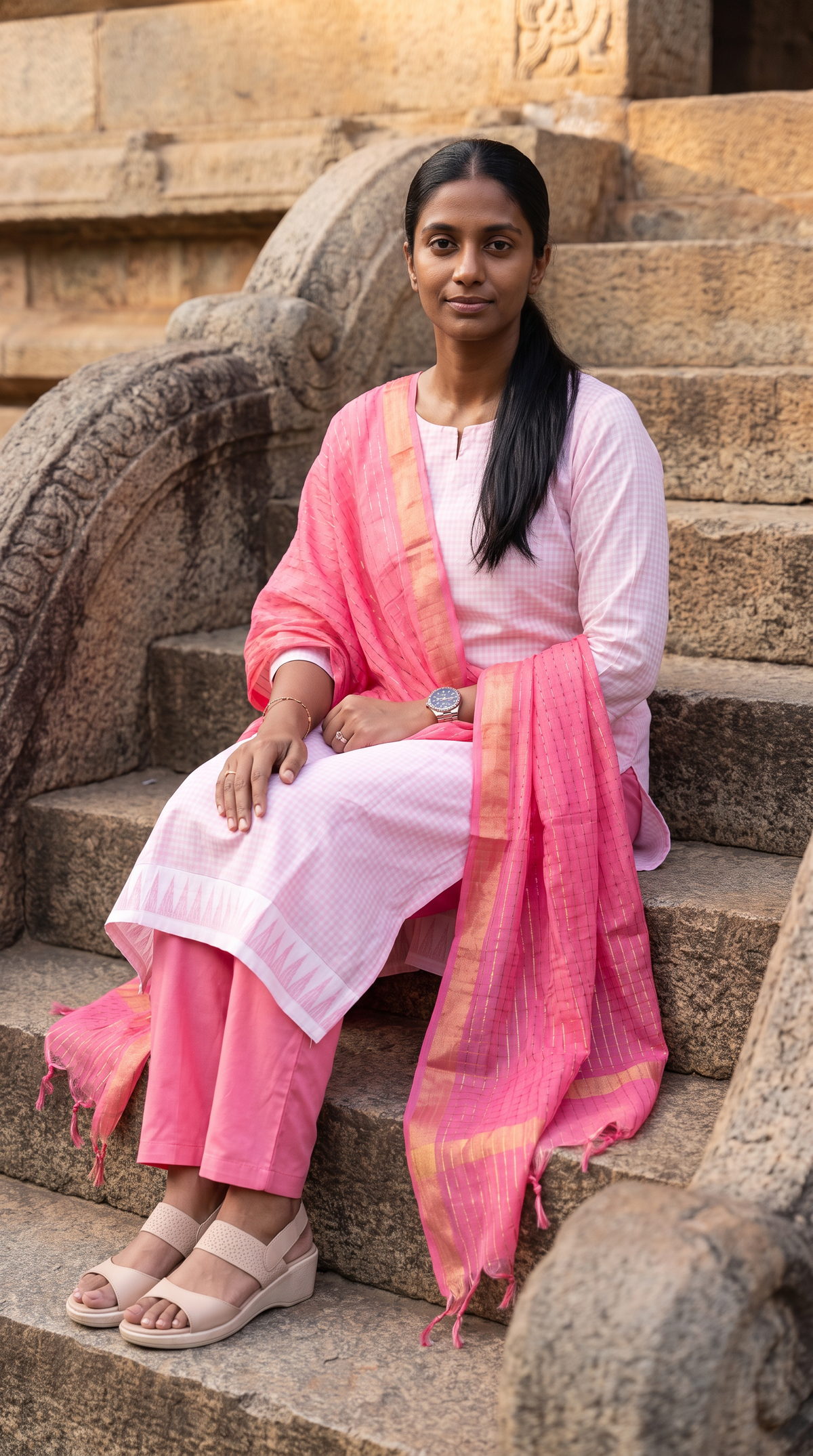 Blush Pink Check Straight Kurta Set with Pink Dupatta