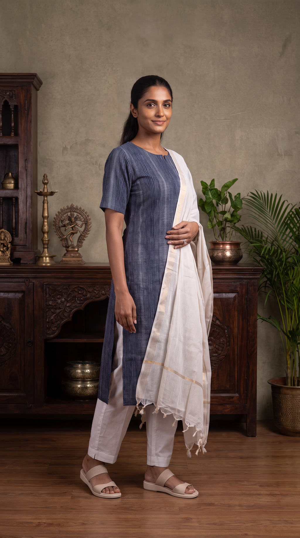Navy Blue Textured Straight Kurta with Ivory Dupatta