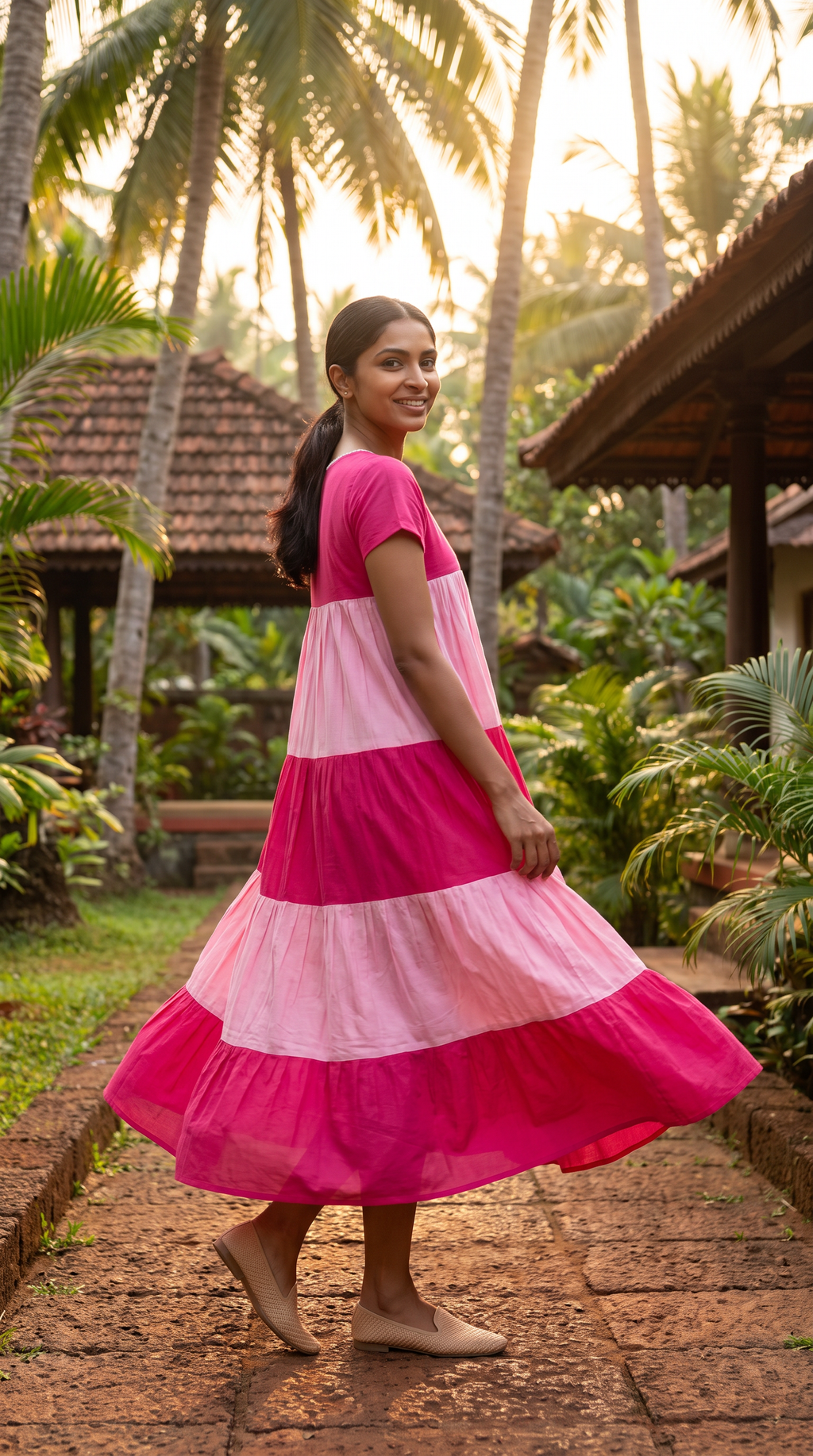 Pink Colour Block Tiered Maxi Dress