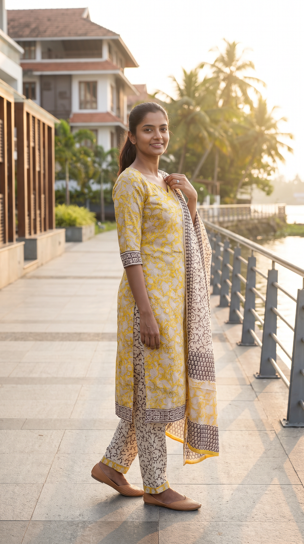 Mustard Yellow Floral Print Kurta Set with Printed Dupatta