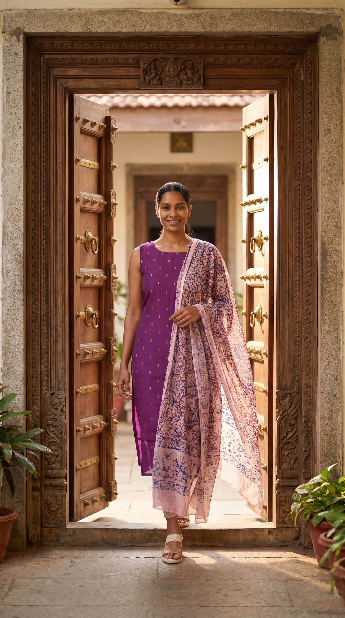 Purple Gold Motif Straight Kurta with Printed Dupatta