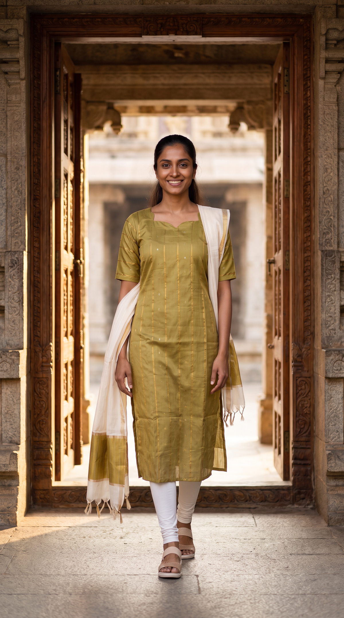 Olive Green Gold Stripe Straight Kurta with Ivory Dupatta