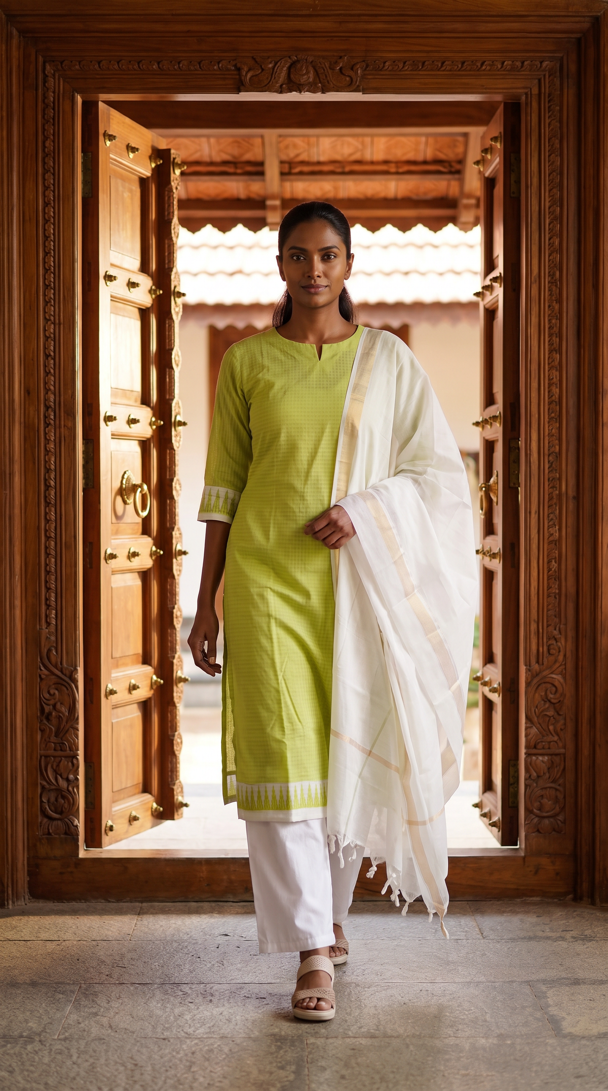 Lime Green Straight Kurta Set with Ivory Dupatta
