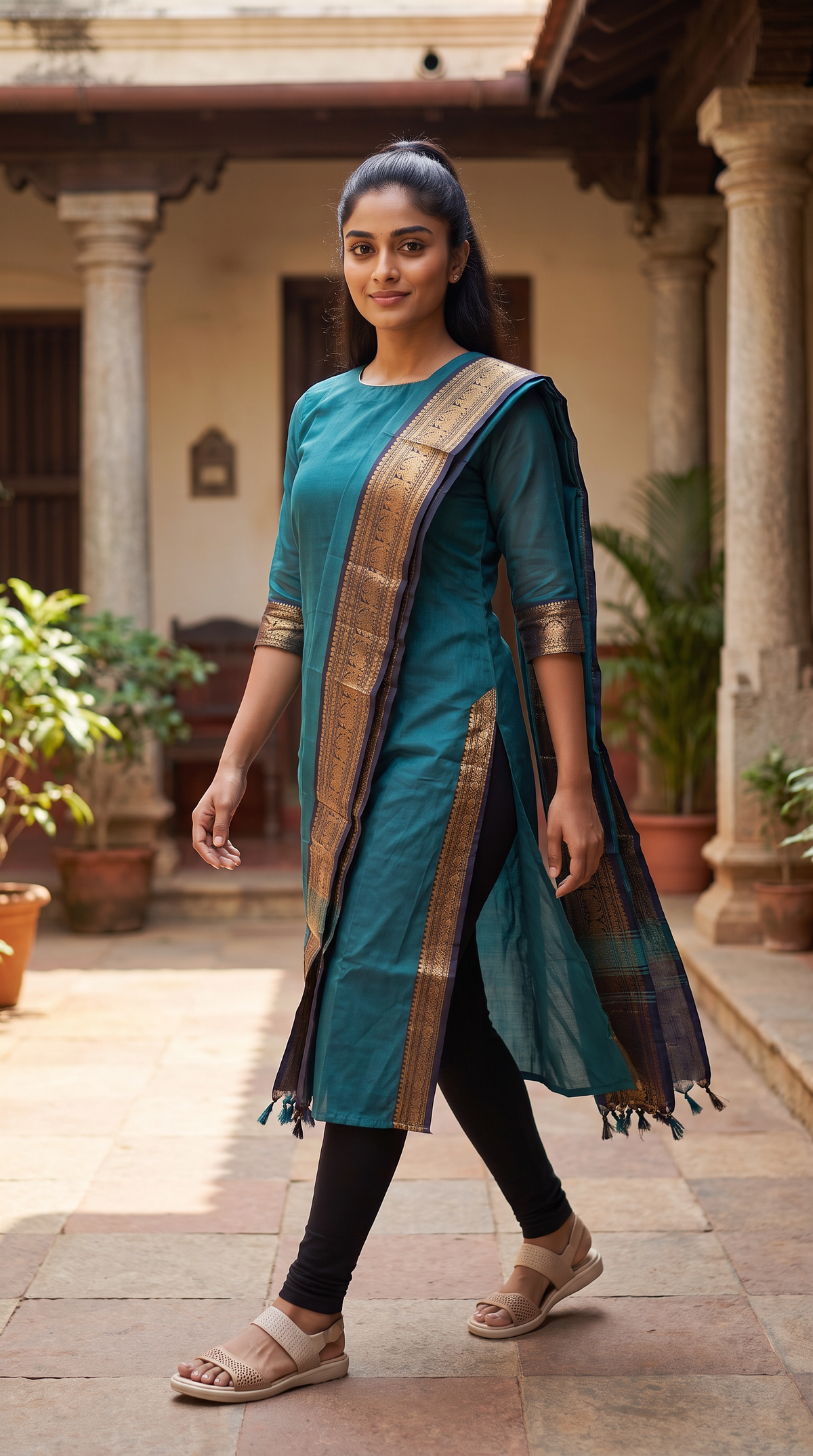 Teal Blue Straight Kurta with Gold Border Dupatta