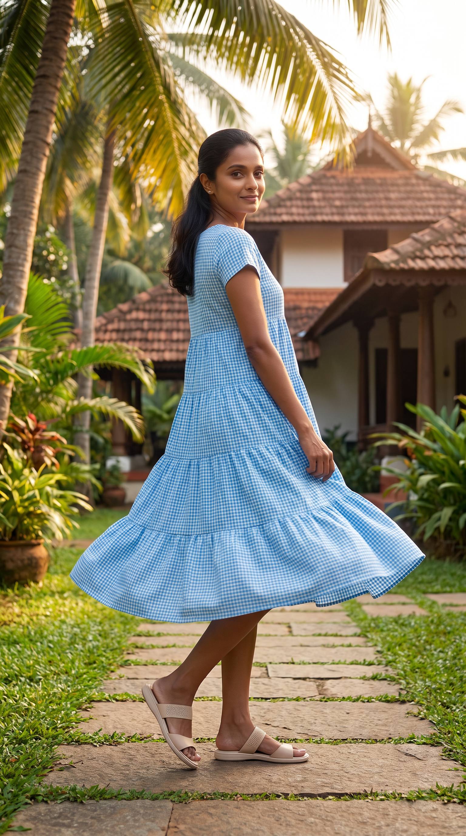 Sky Blue Gingham Tiered Casual Dress
