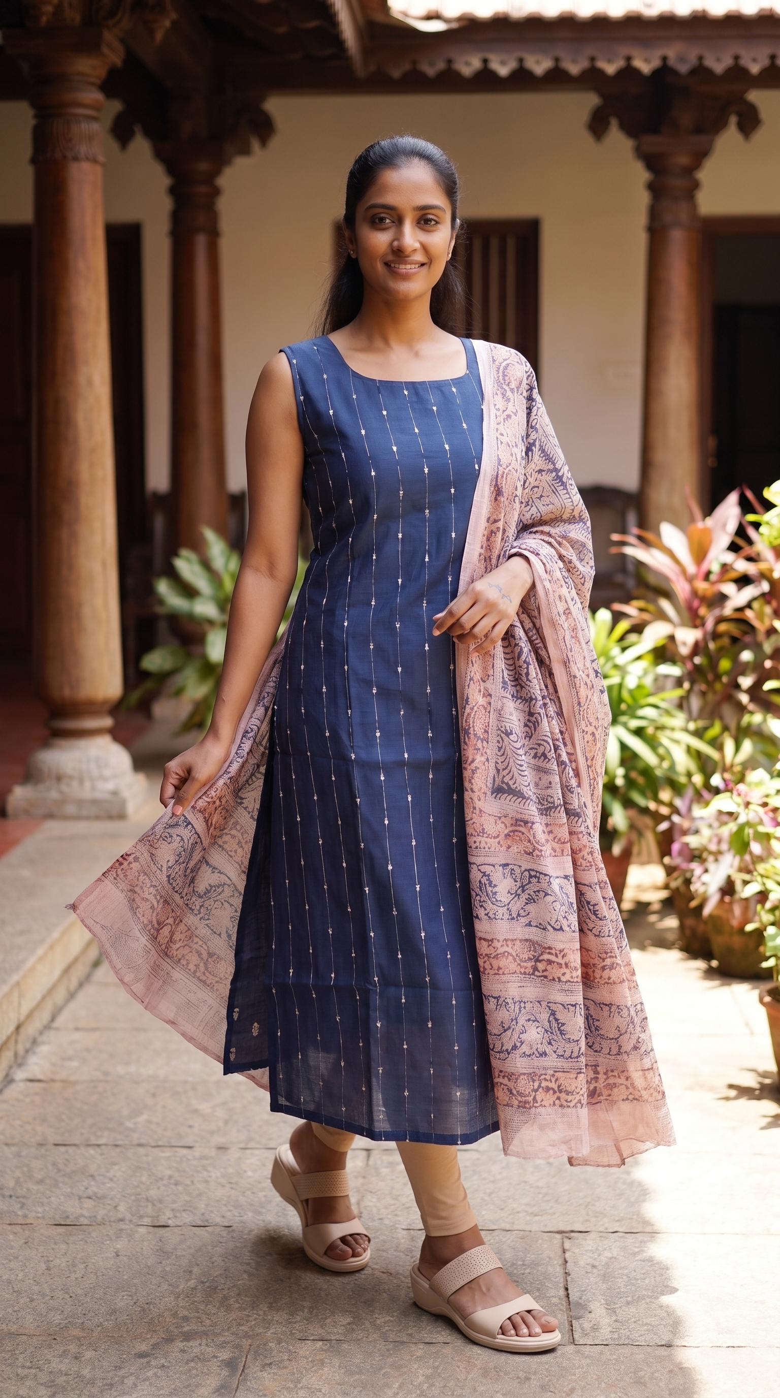 Navy Blue Straight Kurta with Printed Dupatta