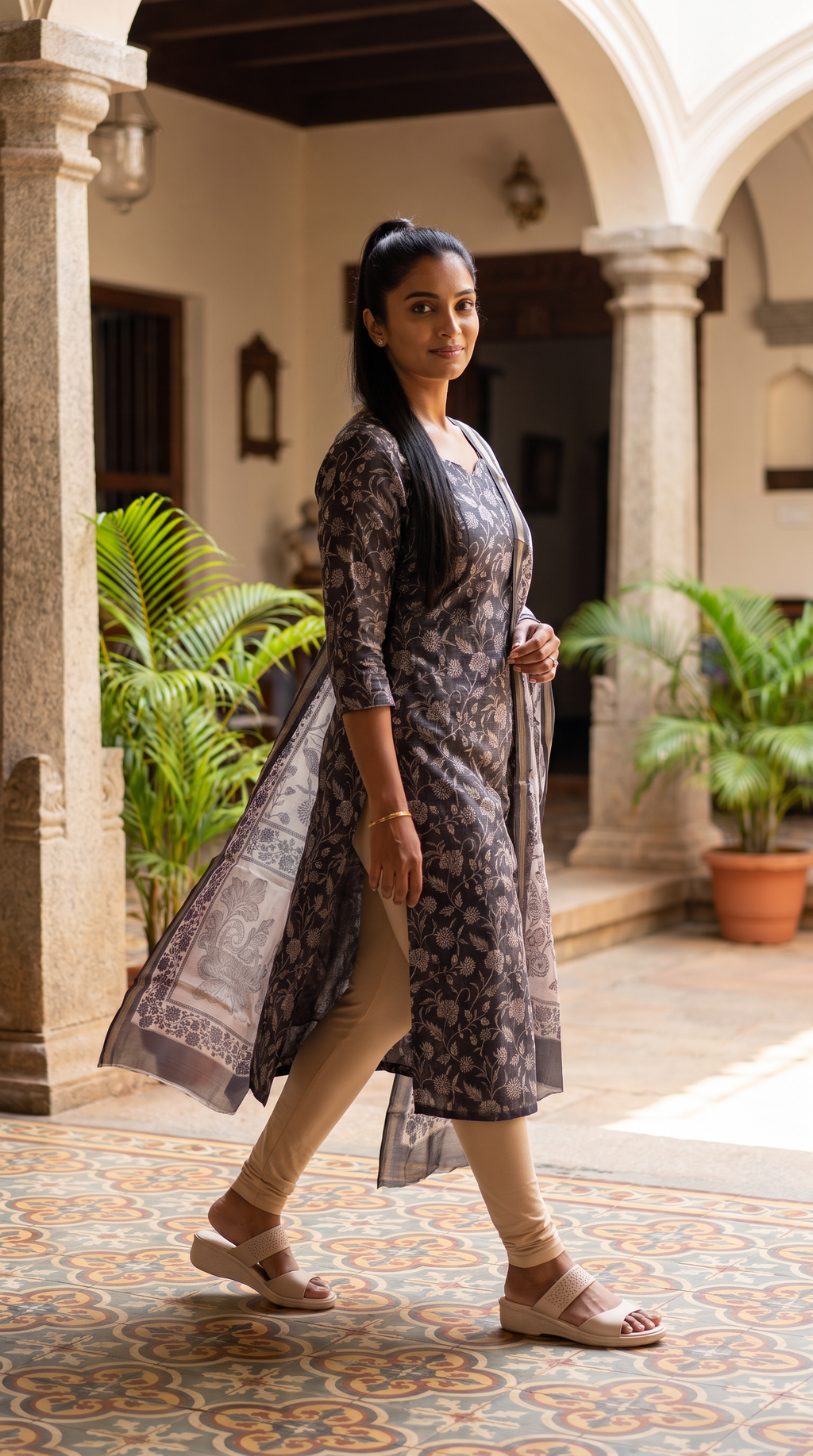 Charcoal Grey Floral Print Straight Kurta with Printed Dupatta