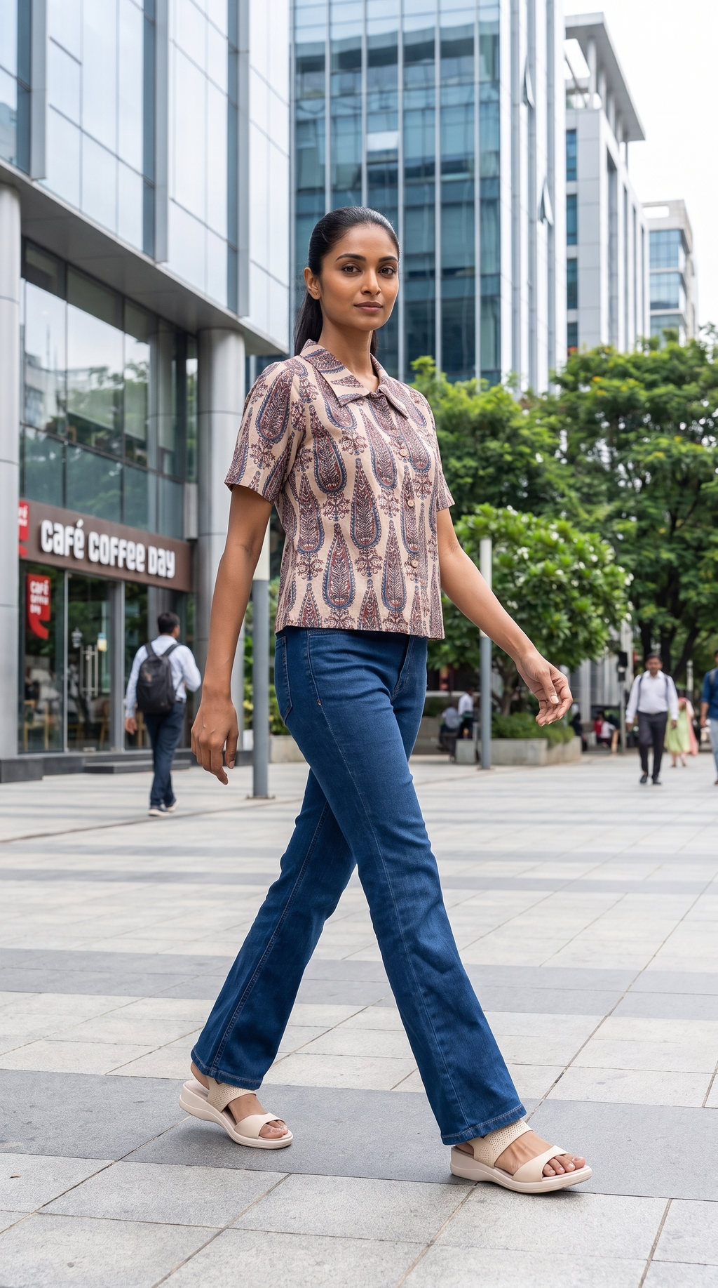 Beige Paisley Printed Collared Top