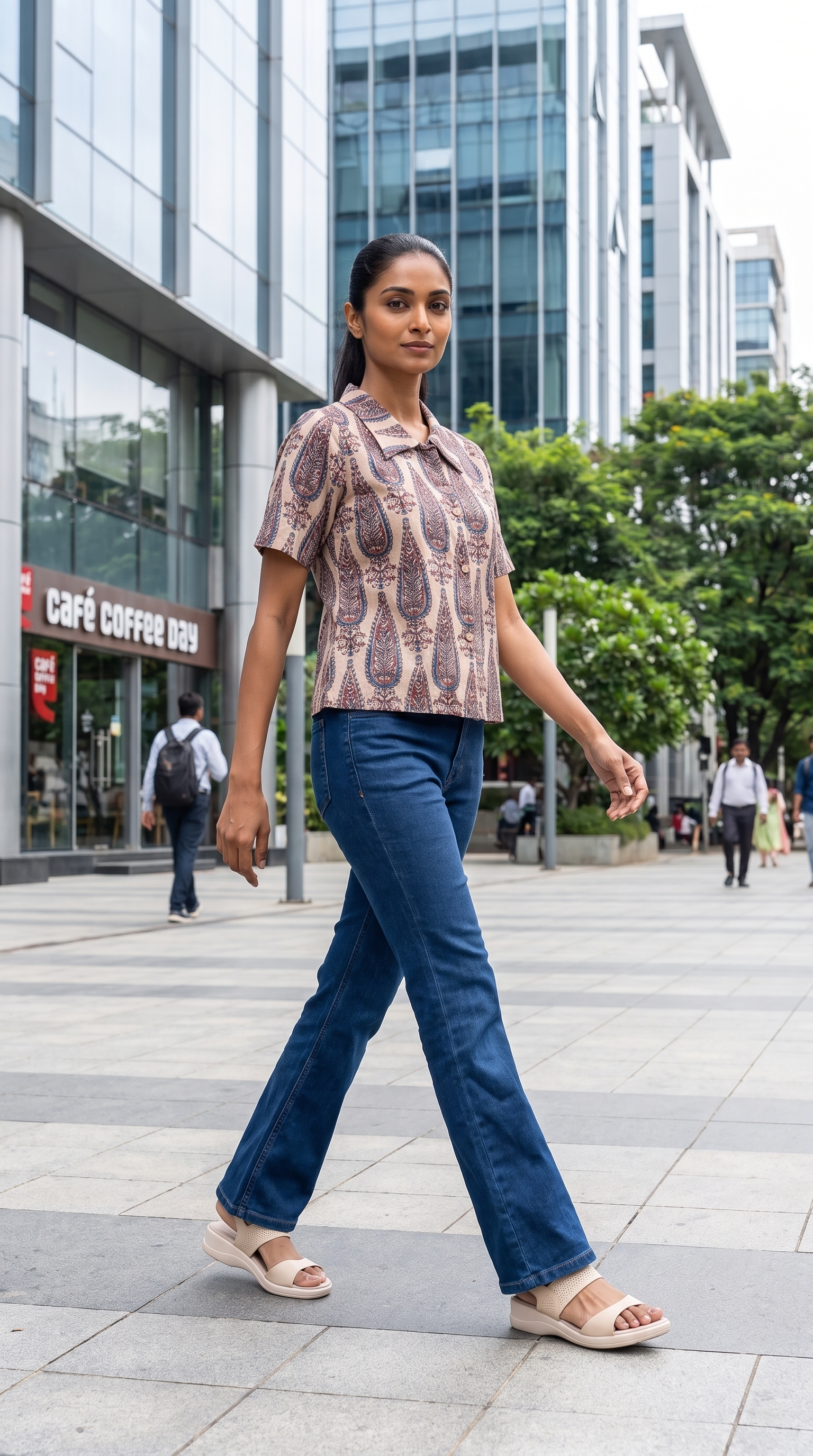 Beige Paisley Printed Collared Top
