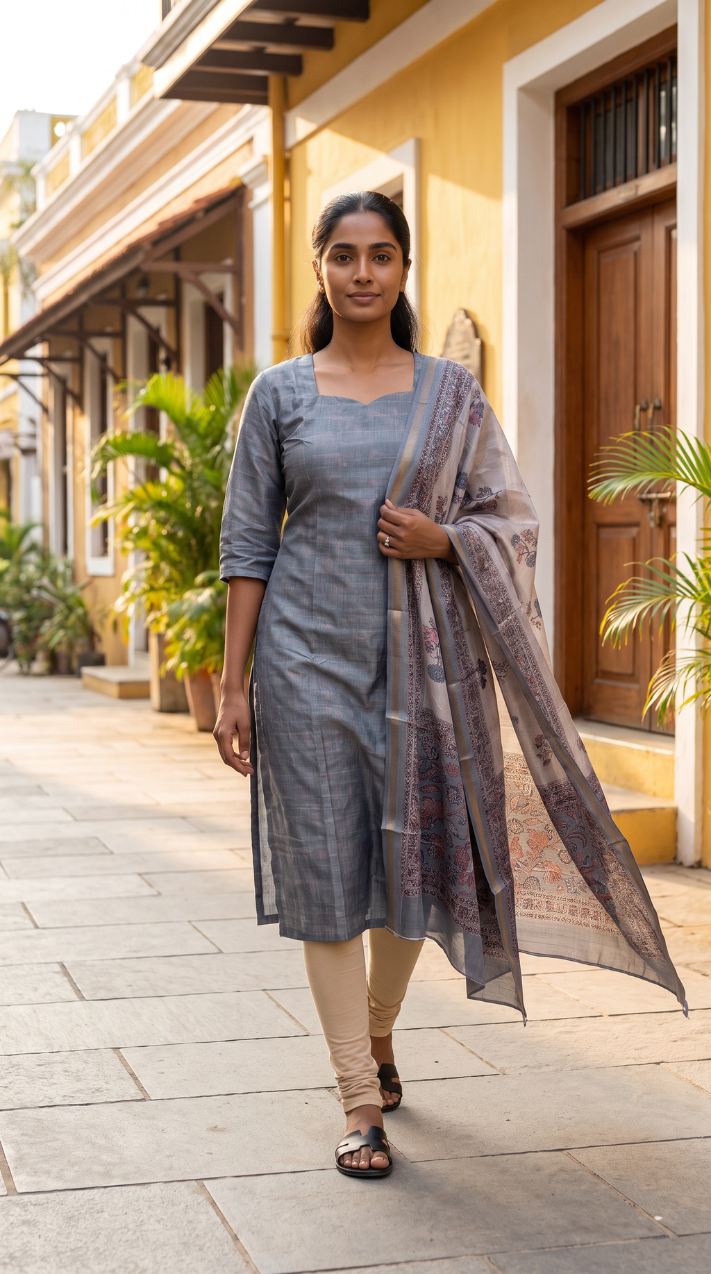 Slate Grey Straight Kurta with Printed Dupatta