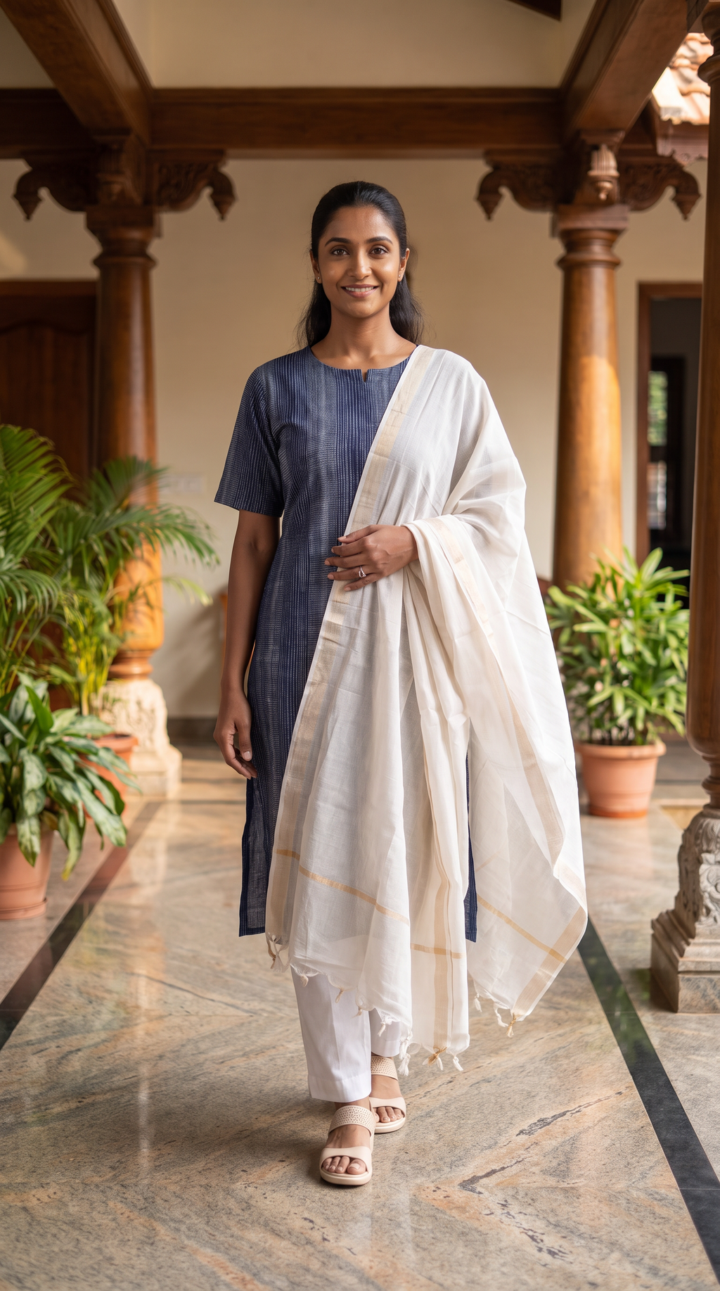 Navy Blue Textured Straight Kurta with Ivory Dupatta